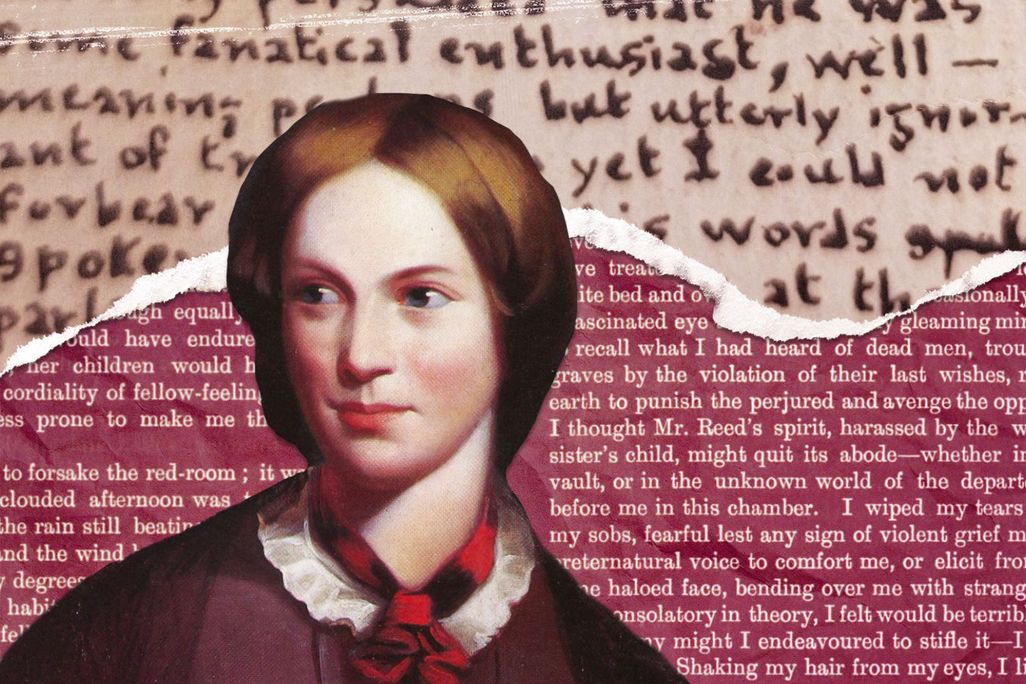 An illustration of Charlotte Brontë in front of text from "A Strange Occurrence" and "Jane Eyre"