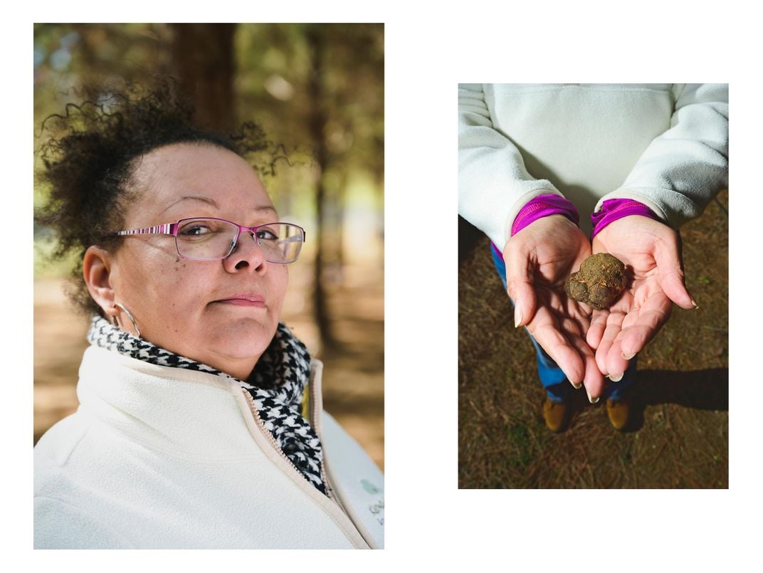 Left, Nancy Rosborough; Right, Rosborough holds a freshly harvested bianchetto truffle