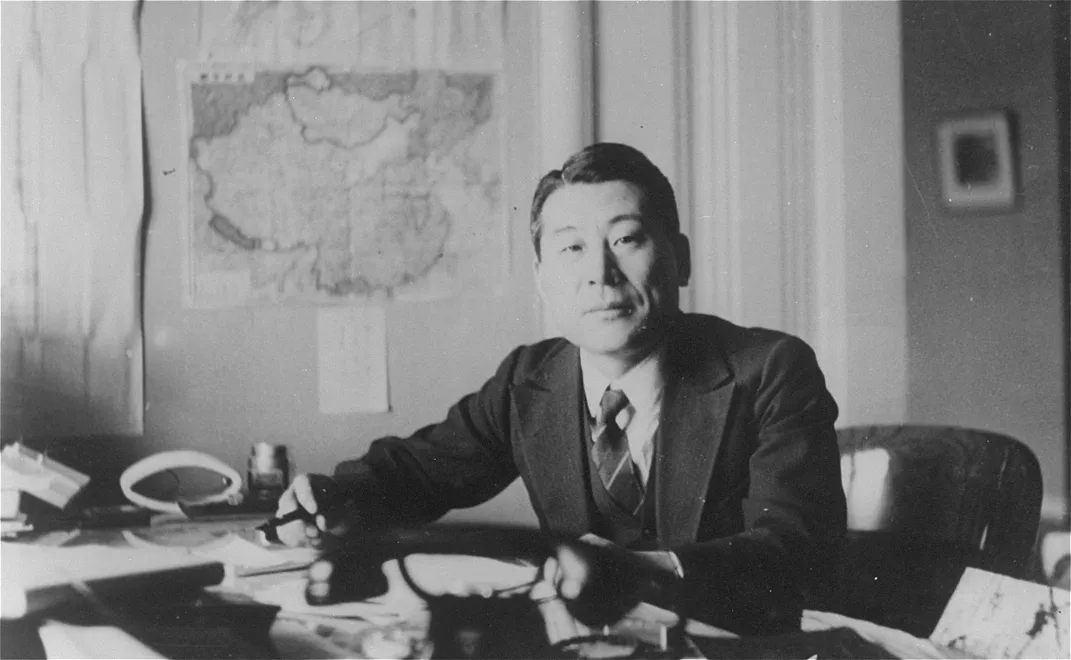 Sugihara at his desk in Manchuria in 1933 or 1934