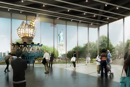 A rendering of the lobby of the Statue of Liberty Museum, featuring the statue's original torch