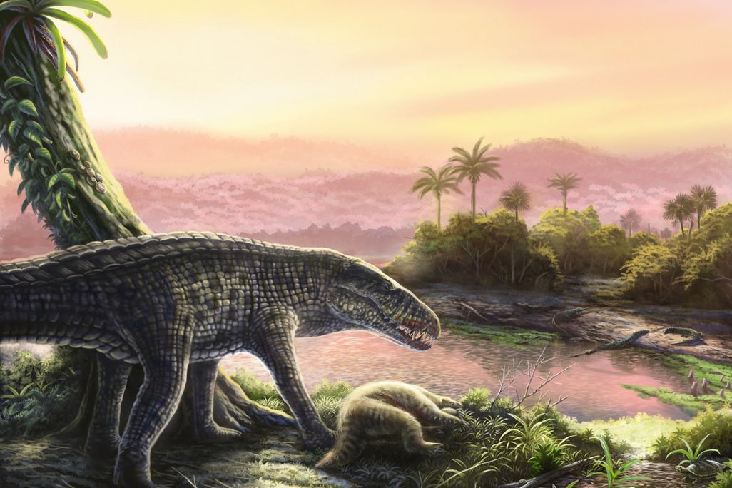 Illustration of a sebecid standing over its prey, a ground sloth, in ancient Hispaniola.
