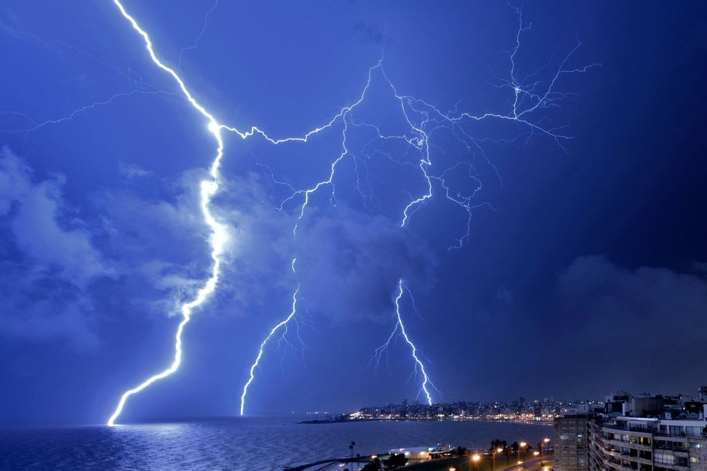 Lightning strikes in the night sky above Montevideo, Uruguay