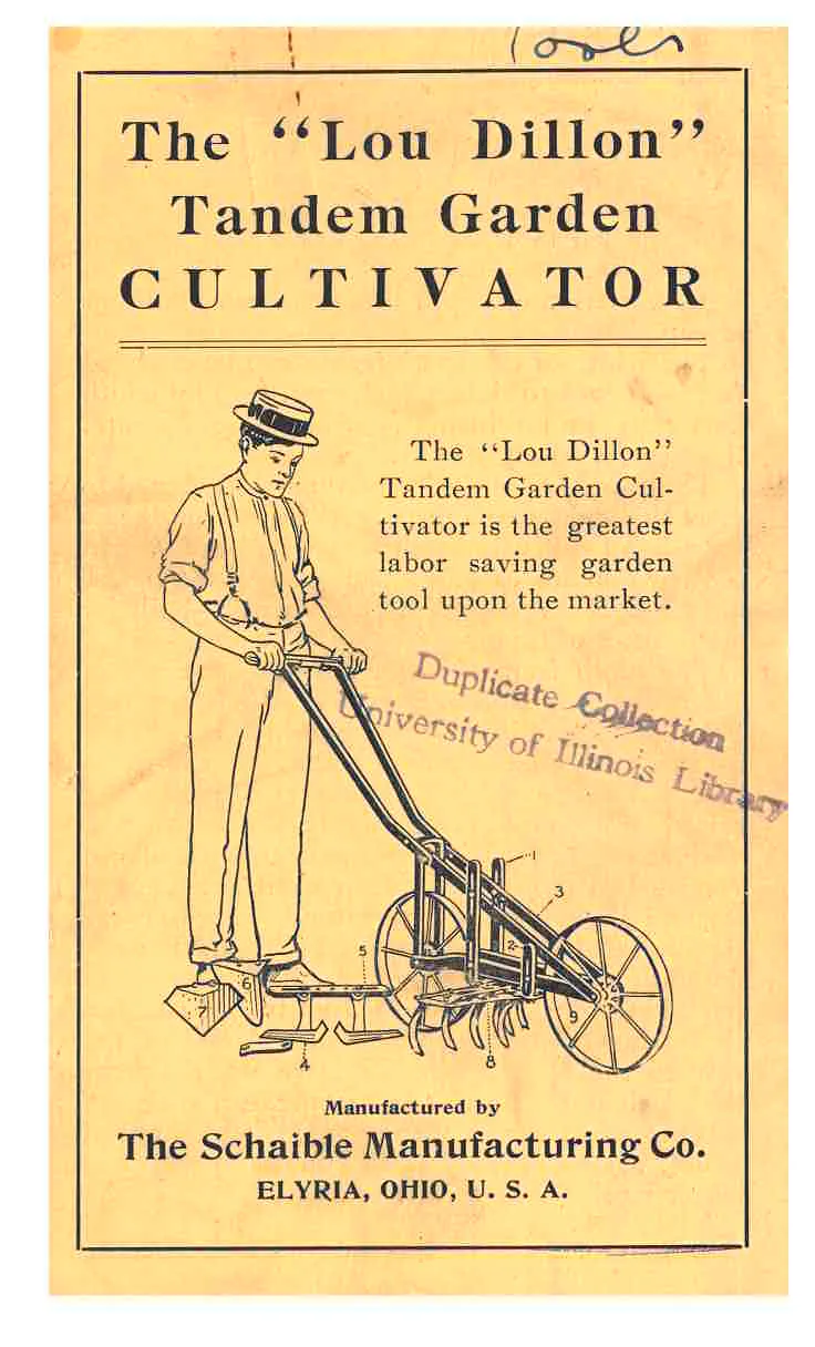 Front cover of early 20th century trade literature. Features illustration of man using cultivator.