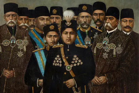 Ahmad Shah (r. 1909–25) and his cabinet   by Assadullah al-Husayni naqqash-bashi, 1910
