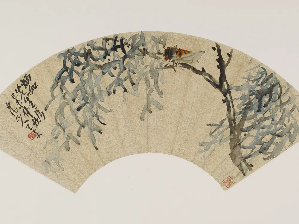 Cicada on tree branch; Wang Zhen (1867–1938); China, modern period, autumn 1919; fan mounted as album leaf; ink on gold-flecked paper (Freer Gallery of Art, Smithsonian Institution, Washington, D.C.: Gift of Robert Hatfield Ellsworth in honor of the 75th Anniversary of the Freer Gallery of Art, F1998.222.2)