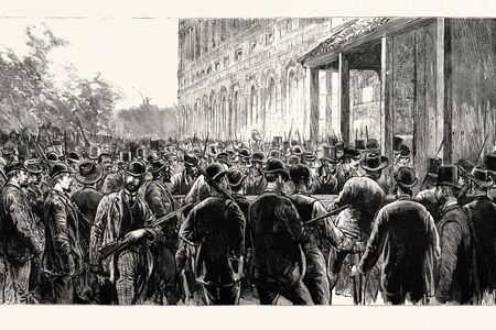 Illustration of the lynchers breaking into the prison in 1891 