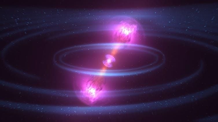 Artist’s rendition of two merging neutron stars, another situation where fission occurs.