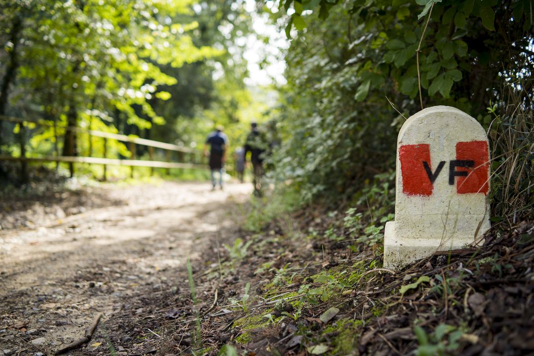 A marker for the Via Francingena, a pilgrimage route that leads from Canterbury, England through France and Switzerland, and on to the ports of southern Italy