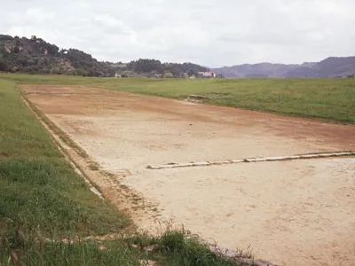 A view of the ancient ruins of the Stadium at Olympia with its centerpiece 210-yard track.