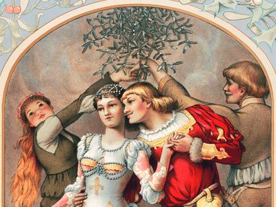 Mistletoe is best known for its role in holiday festivities, as seen on this Christmas card from 1886, and it features in ancient lore of many cultures, whether Celtic druids or Scandinavian gods. 