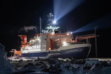 The research vessel in December, two months after mooring to an ice floe nicknamed “the Fortress.”