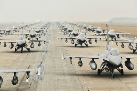 F-16s from various squardrans around the U.S. Air Force and the Korea Air Force perform an "elephant walk" down the runway during an exercise in South Korea.

Image: U.S. Air Force photo/Senior Airman Brittany Y. Auld