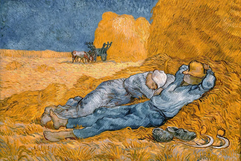 A man, wearing a hat over his eyes with his shoes off and to his side, and a woman in a kerchief and a blue dress nap together against a haystack; bright orange hay swirls around them, a mule and plow on the horizon
