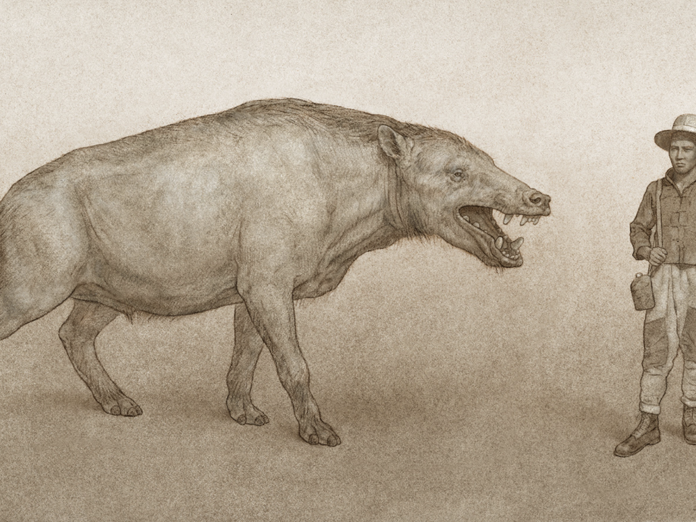 An illustration of a carnivorous predator with a long skull standing next to a man, who is the same height