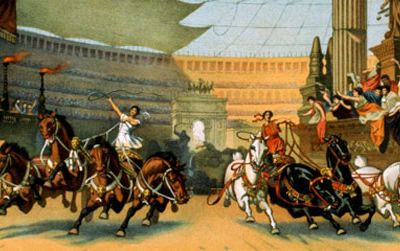 A Roman chariot race, showing men from two of the four color-themed demes, or associations, that produced the Blues and the Greens. From a poster advertising the 1925 film version of Ben-Hur.