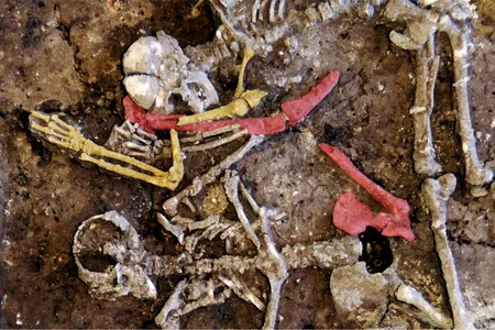 The unusual placement of the victims' limbs (the right humerus, or upper arm bone, in yellow, is tossed across the right femur, or thigh bone, in red) suggests they were strewn haphazardly across the burial pit rather than carefully buried.