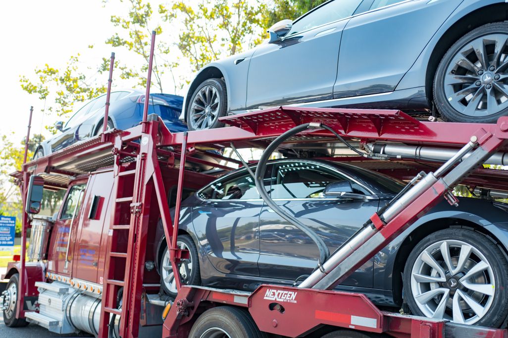 Tesla electric cars on a car carrier truck