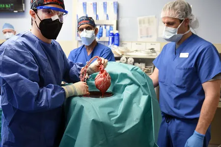 Surgeon Bartley Griffith examines the pig heart before the transplant.