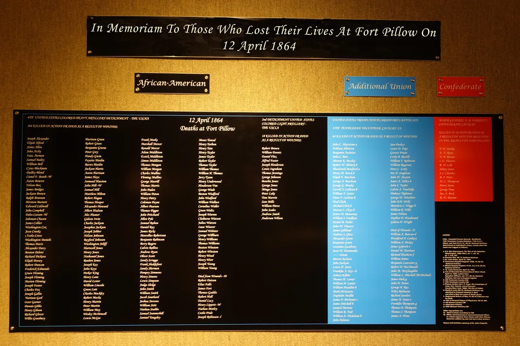 A sign listing the names of those killed at Fort Pillow