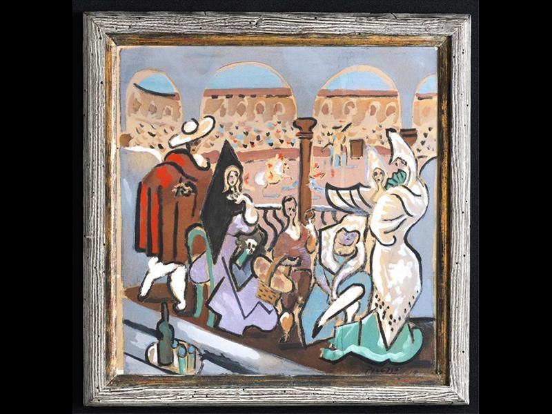A work on paper depicting a bullfighting ring with a crowd, a man with a red cape and widebrimmed hat, a seated woman in a purple dress and more figures in elaborate costume