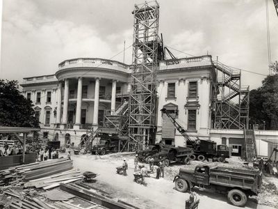 The South Portico of the White House, around 1950, during Truman's rennovation