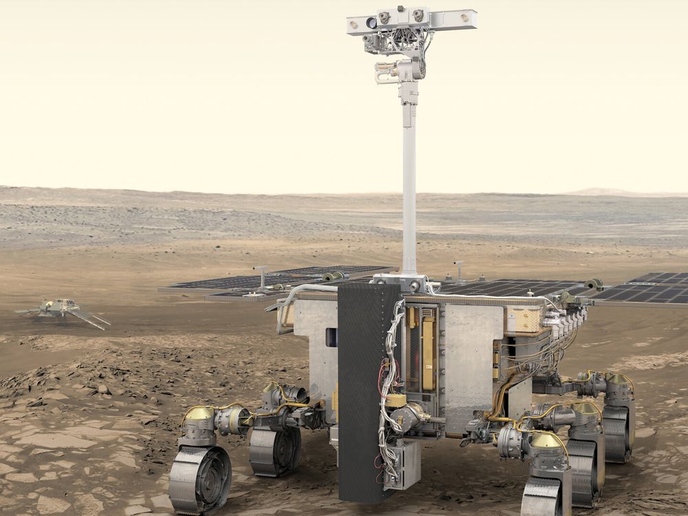 Illustration of a six-wheeled martian rover on a desert-like landscape