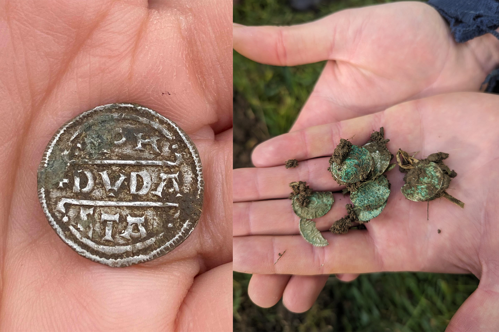 A ninth-century silver coin (left) and a group of eight coins (right) found in Bickmarsh, a village in Worcestershire, England