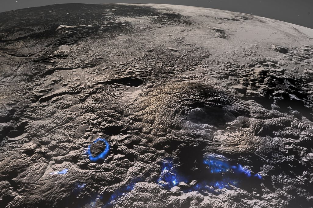 Images of Pluto's pocked surface with valley and peaks, volcanic areas circles in blue