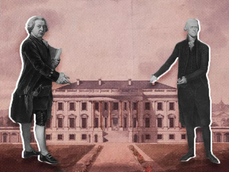 John Adams and Thomas Jefferson standing in front of the White House