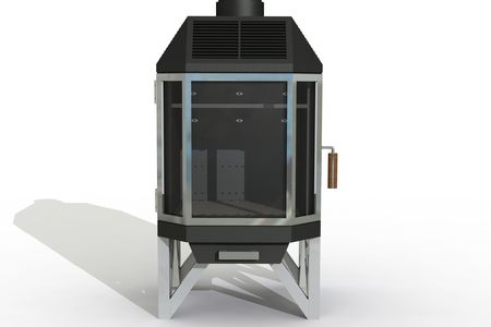 A concept (preliminary) rendering for the Mulciber Stove, which its inventors say gives off less smoke per hour than one cigarette.