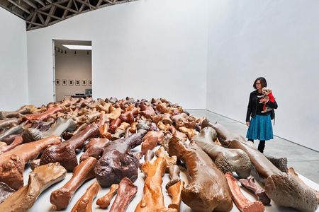 Jessica Dawson regularly takes her pup Rocky along to explore New York Art galleries, as shown here at Lost Objects by Allan McCollum at the Mary Boone Gallery.