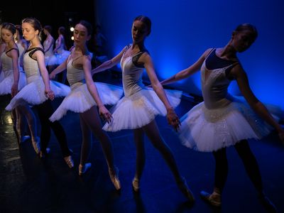 Unable to return home, dancers from the Kyiv City Ballet rehearse for a fundraising performance; ticket sales will go toward relief efforts in Ukraine.