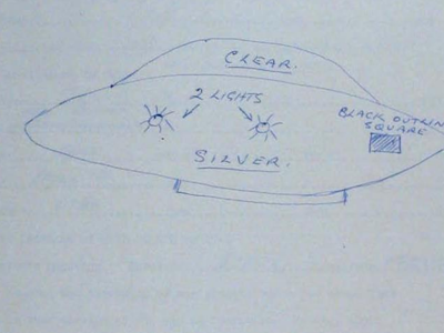 Drawing of a reported UFO sighted over Watsonia, Australia, June 25, 1972. Official verdict: Probably a Boeing 727, seen at an altitude of 2,000 feet while approaching a nearby airport.
