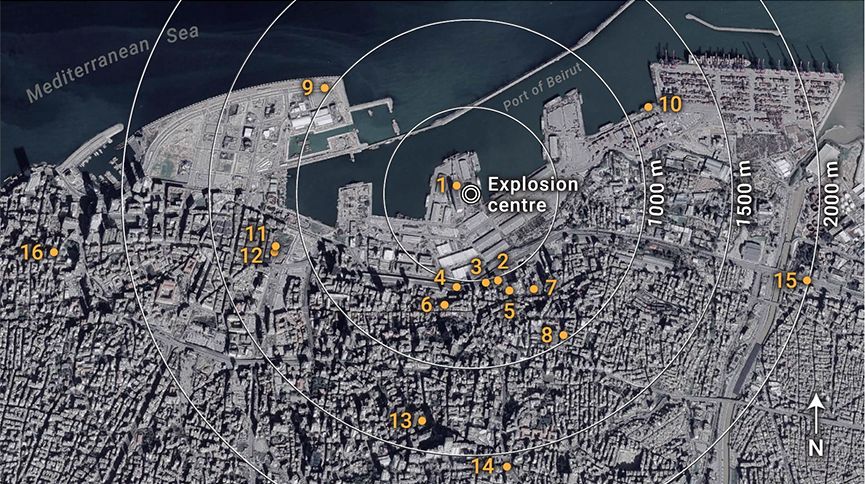 A map of Beirut before the explosion shows the locations of videos analyzed in the new study