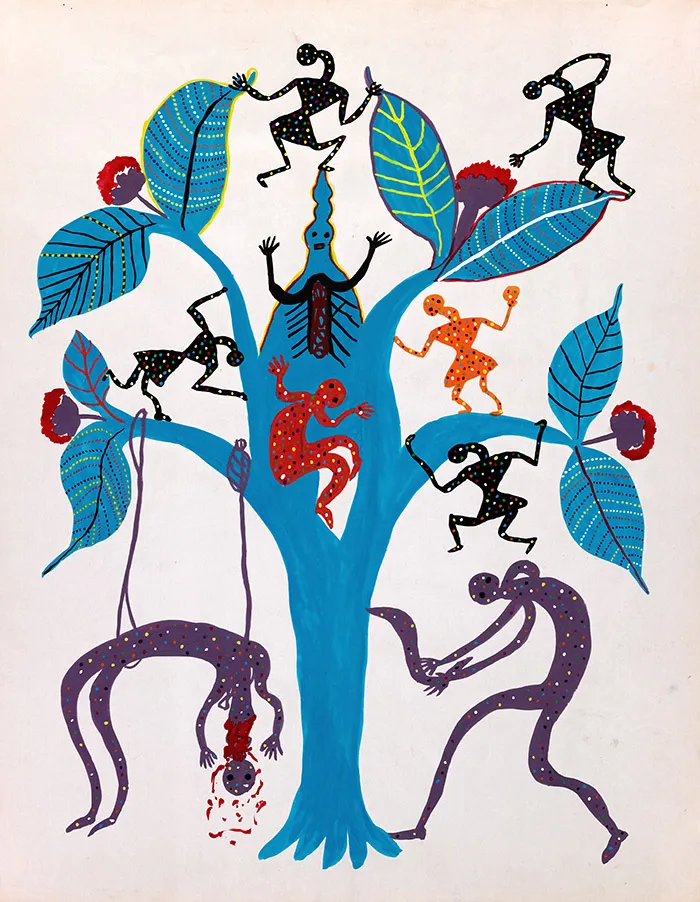 Ryškių spalvų paveikslas su dideliu mėlynu augalu, apsuptu humaniškų figūrų