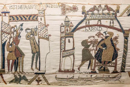 The Bayeux Tapestry tells the story of William the Conqueror's invasion of England.