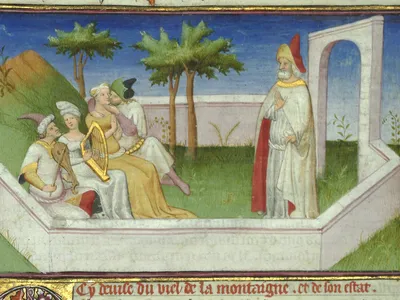 A European depiction of Hasan Sabbah, an 11th-century leader of the Nizari Ismailis, and his followers in a garden paradise