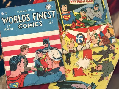 With the world on the brink of destruction, three of the earliest comic&nbsp;book superheroes (above: an array of 1940s covers from the Smithsonian collections)&nbsp;joined in the war effort, hawking bonds, boosting morale and entertaining troops.