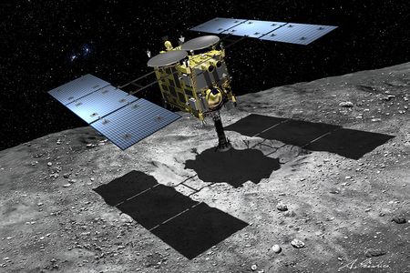 This artist's rendering of Hayabusa 2 shows the craft with its snout-like "sampler horn" deployed. The craft is scheduled to rendezvous with asteroid 1999 JU3 in June 2018.