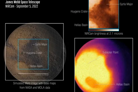 James Webb Space Telescope's first images of Mars, captured by its Near-Infrared Camera (right), and a reference map (left)