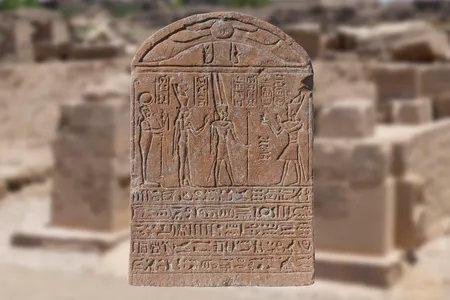 This stone slab shows Tiberius standing next to the Egyptian gods&nbsp;Amun, Khonsu and Mut.