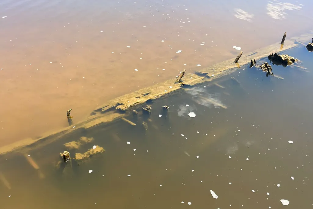 Piece of wooden shipwreck under slightly murky brown water