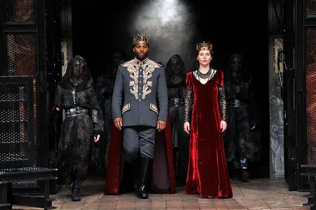 Ray Fearon plays Macbeth and Tara Fitzgerald plays Lady Macbeth in William Shakespeare&#39;s Macbeth directed by Iqban Khan at the Globe Theatre in June 2016 in London, England.