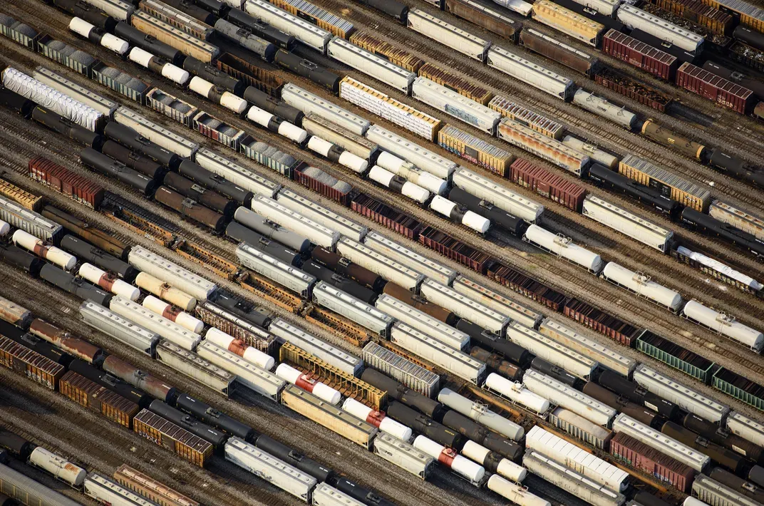 3b - We’re usually on the inside looking out of trains, not hovering above, but this vantage point offers a unique view of the locomotives parked at a depot.