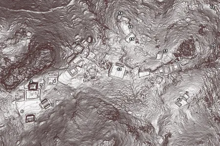 This lidar scan shows the epicenter of the city, where its largest buildings stood.
