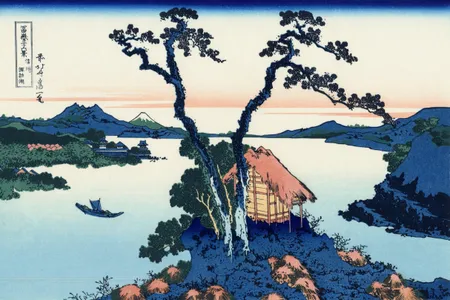 A print of Lake Suwa from the series Thirty-Six Views of Mount Fuji.
