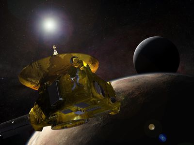 This artist's rendering shows New Horizons encountering Pluto and its largest moon, Charon.
