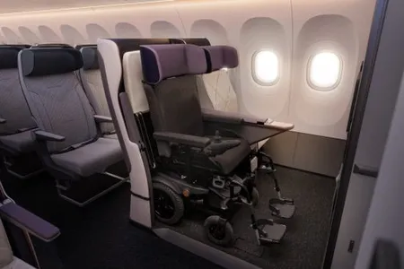 The convertible seat folds down to make room for a wheelchair to be secured in place.