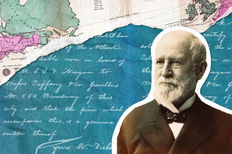 An illustration of Charles Lewis Tiffany, in front of a map of the trans-Atlantic telegraph cable