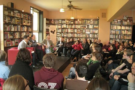 Mo Yan and Chinese literature translator Howard Goldblatt speak at a literary festival.